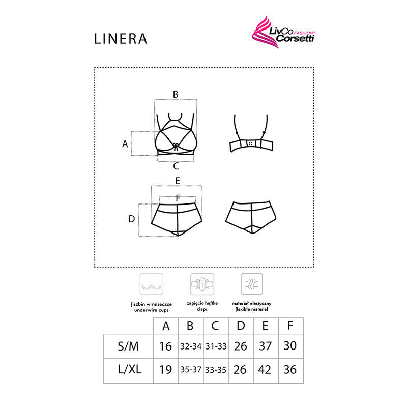 Planche technique Linera Livco Corsetti : croquis cotes du soutien-gorge et de la culotte avec tableau de mesures par taille S/M et L/XL.