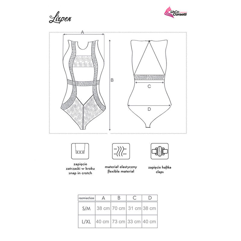 Schema technique du body Lixpen Livco Corsetti vues face et dos, pictogrammes pression entrejambe et matiere elastique, tableau de tailles S/M L/XL.