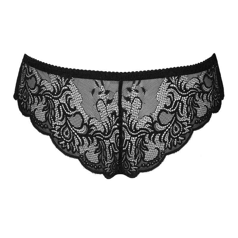 Culotte ouverte dentelle noire presentee a plat de face, large pan de dentelle florale et entrejambe ouvert borde de feston, presentation produit Livco Corsetti.