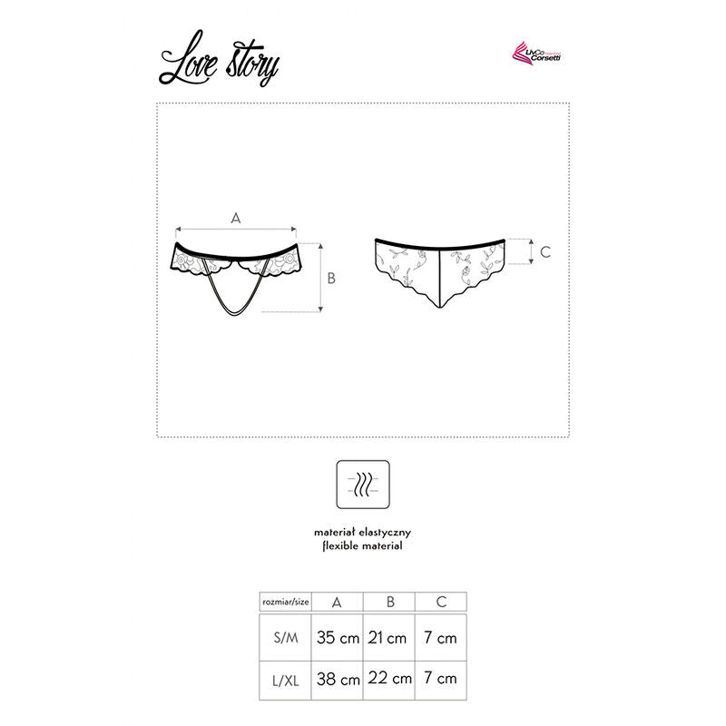 Schema technique de la culotte Love Story, vues face et dos avec entrejambe ouvert, pictogramme matiere et tableau de tailles S/M et L/XL detaille sur fond clair.