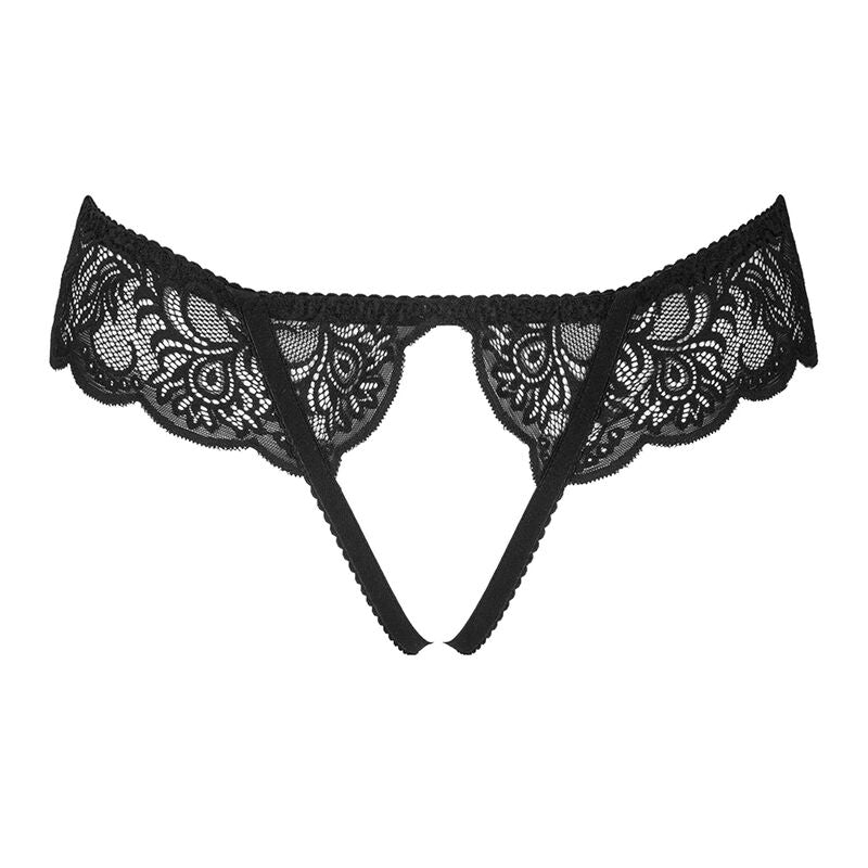 Culotte ouverte dentelle noire vue a plat, decoupe centrale ouverte et dentelle florale ajouree, finition festonnee, presentation produit isole sur fond blanc.