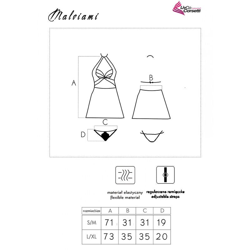 Schema technique du babydoll Malviani, vues face et dos avec string, pictogrammes matiere et bretelles reglables, tableau de tailles S/M et L/XL sur fond clair.
