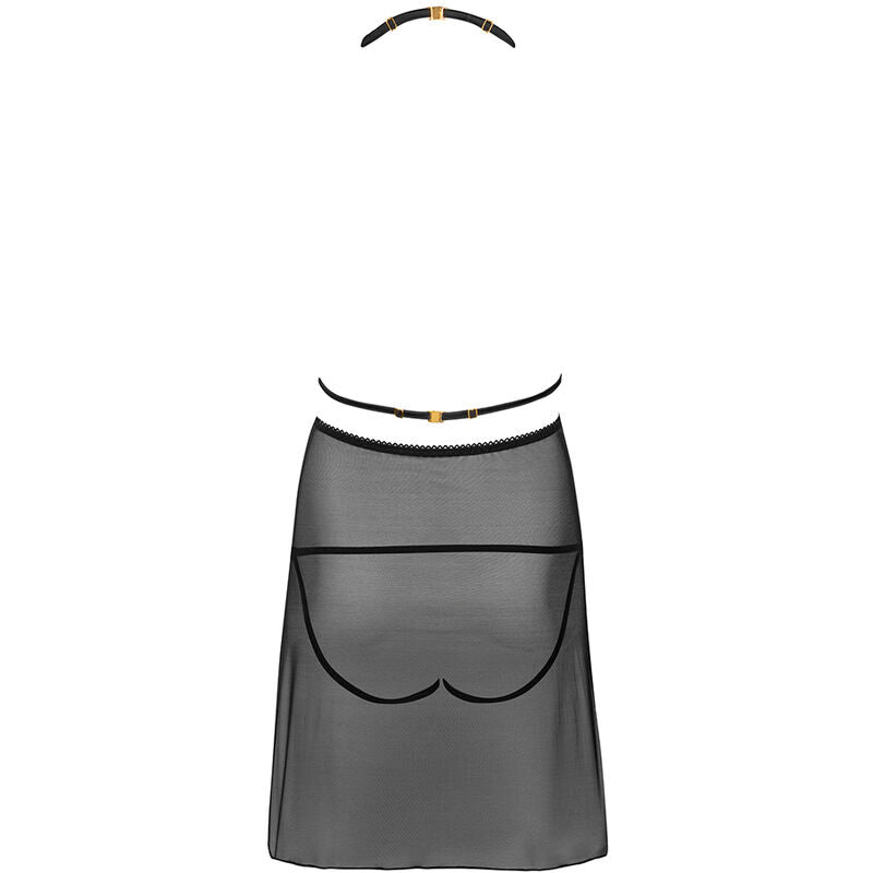 Babydoll Malviani noir vu a plat de face, fin tour de cou et jupe courte en maille voile transparente bordee de dentelle, presentation produit sur fond blanc.