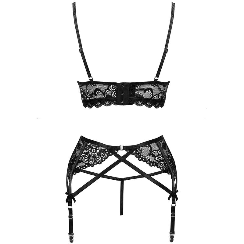 Soutien-gorge et porte-jarretelles Moridam dentelle noire Livco Corsetti a plat, vue dos avec sangles croisees et bretelles reglables, sans corps.