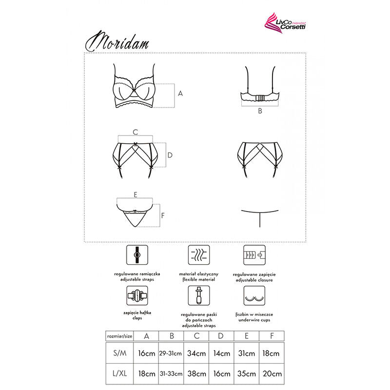 Schema technique de l ensemble Moridam Livco Corsetti, soutien-gorge culotte et porte-jarretelles, pictogrammes matiere et tableau de tailles S/M L/XL.