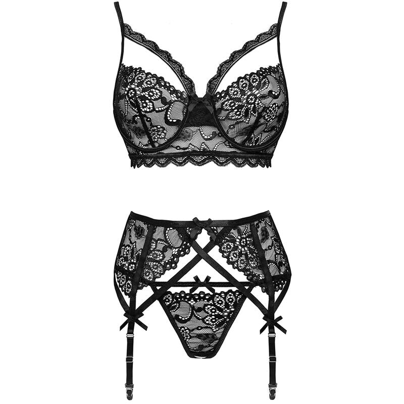 Soutien-gorge et porte-jarretelles Moridam en dentelle noire Livco Corsetti presentes a plat, motifs floraux ajoures et finitions a nœuds, sans mannequin.