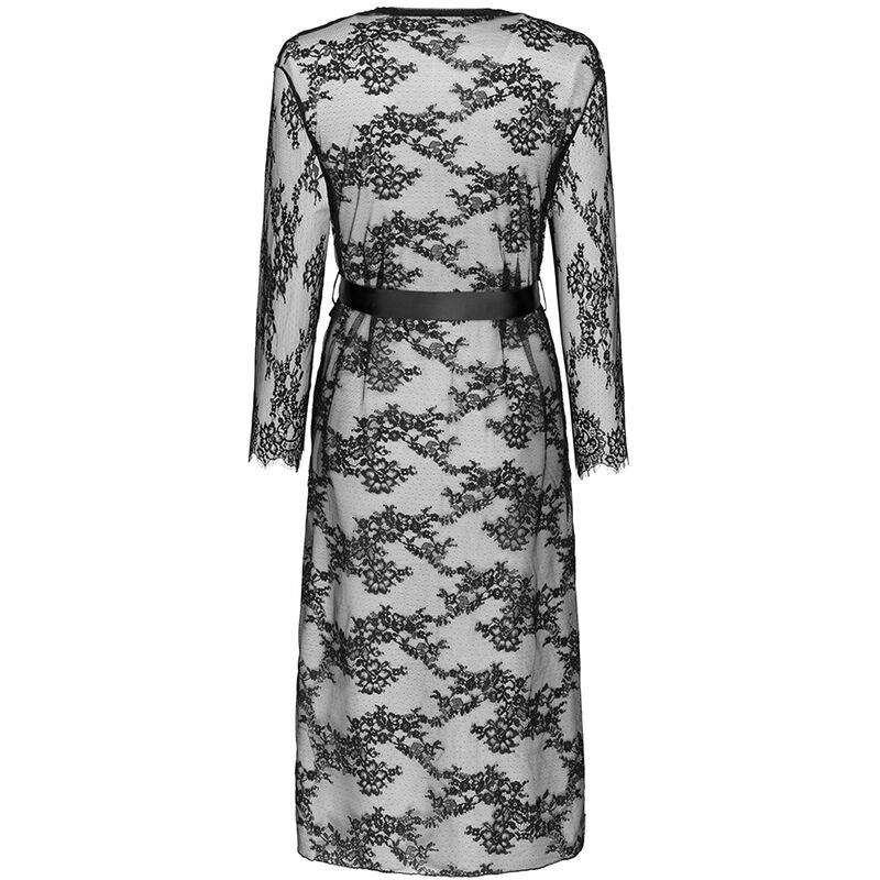 Peignoir noir Livco Corsetti presente a plat de dos, maille florale transparente couvrant du col aux mollets, finition dentelle aux poignets et ceinture nouee.