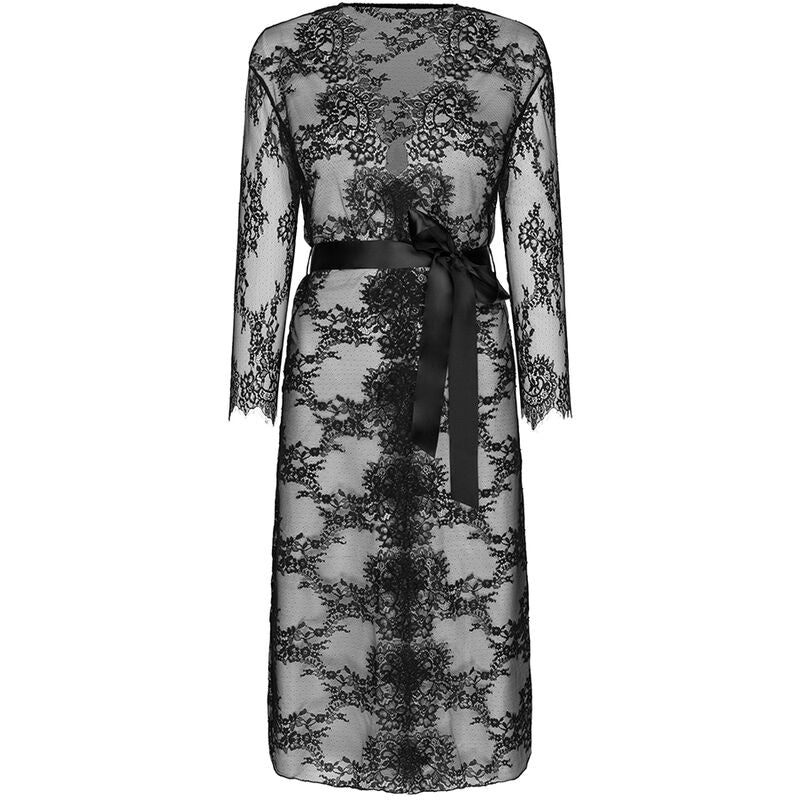 Peignoir Nokina noir a plat de face, voile transparent a motif floral dense, longue silhouette mi-mollet, manches longues et large ceinture satin nouee a la taille.