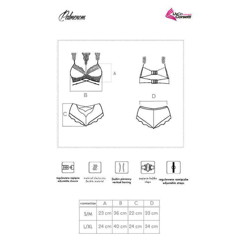 Schema technique de l ensemble soutien-gorge et culotte Livco Corsetti, vues face et dos avec sangles, pictogrammes matiere et tableau de tailles S/M L/XL.