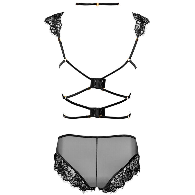 Soutien-gorge harnais et culotte dentelle noire Livco Corsetti a plat vue dos, sangles croisees, tour de cou et culotte transparente, sans corps.