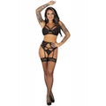Parure Pojzon portee de face bras leve : soutien-gorge dentelle, porte-jarretelles, culotte et bas resille assortis, lingerie sophistiquee Livco Corsetti.
