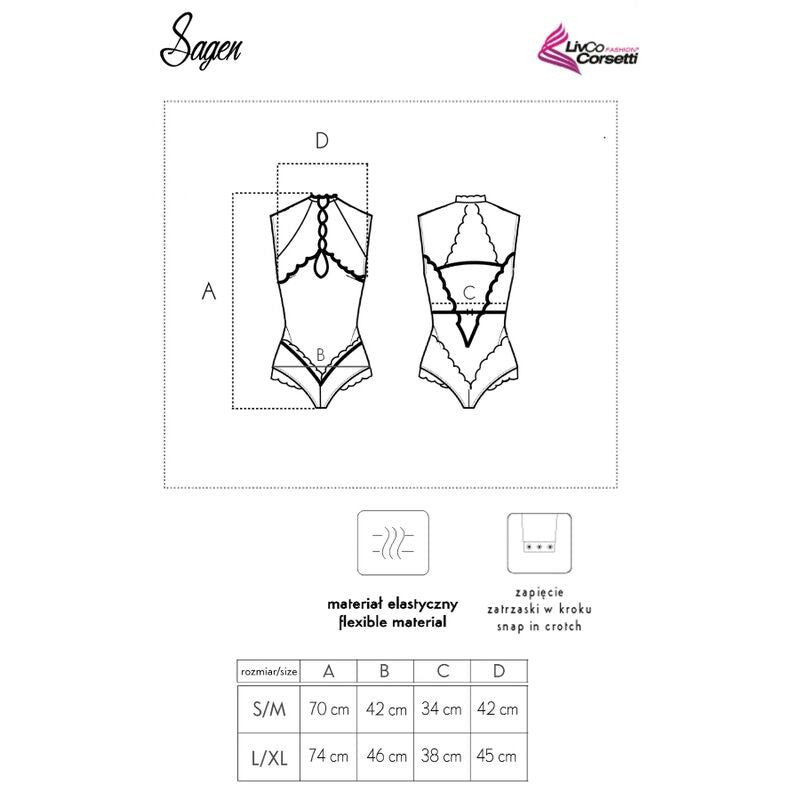 Schema technique du body Sagen, vues face et dos avec decoupes, pictogrammes matiere elastique et fermeture entrejambe, tableau de tailles S/M et L/XL.
