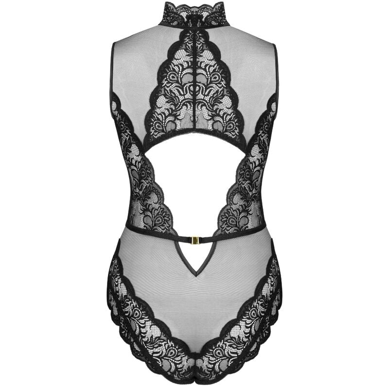 Body Sagen dentelle noir a plat de face, col montant et decoupe goutte au buste, dentelle florale et maille transparente, presentation produit Livco Corsetti.