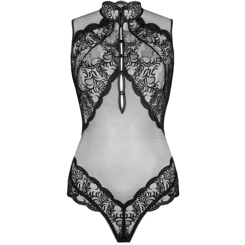 Body Sagen dentelle noir vu a plat de dos, col montant, ouverture dorsale et dentelle florale aux hanches sur fond de maille transparente, presentation produit.
