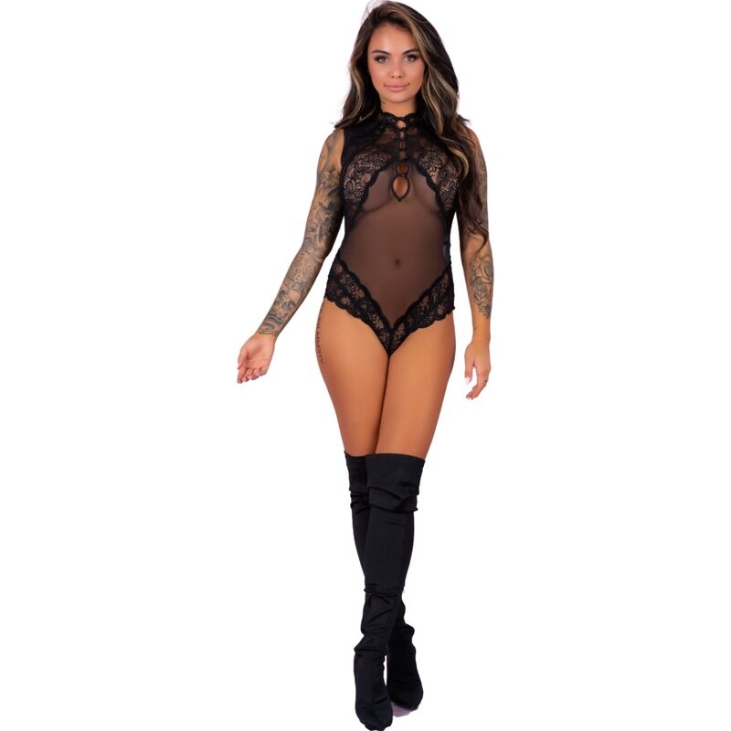 Body Sagen dentelle noir porte de face avec cuissardes, col montant et decoupe au buste, maille transparente revelant la silhouette et dentelle florale aux hanches.