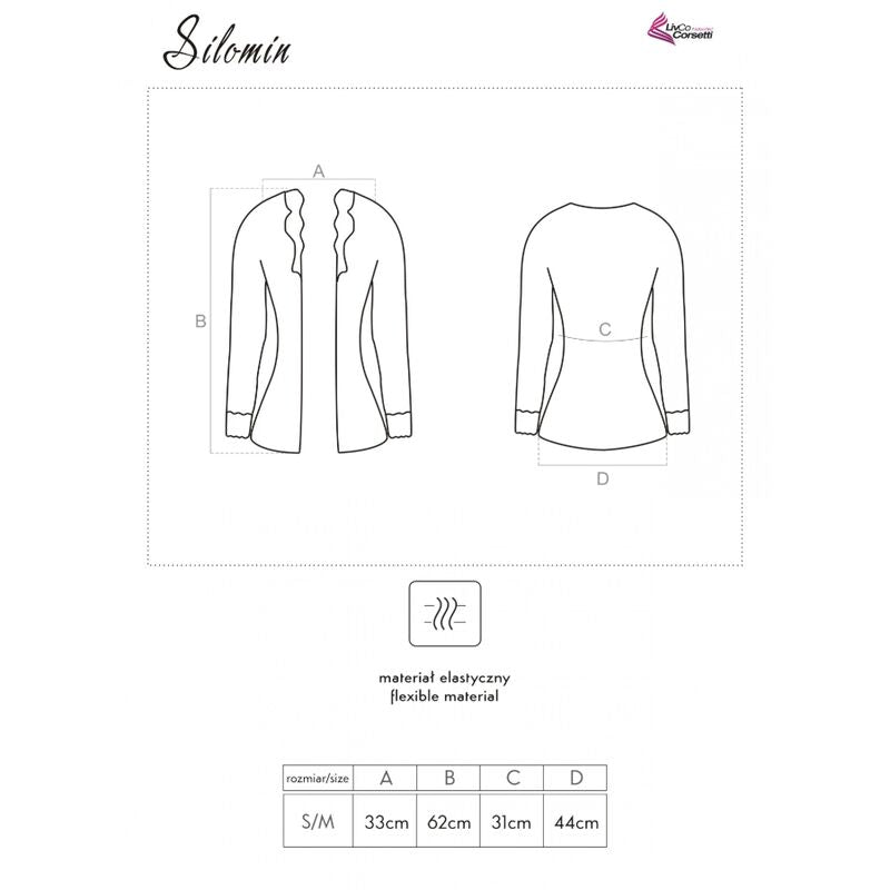Schema technique du body Silomin Livco Corsetti, vues face et dos avec dimensions A B C D, pictogramme matiere extensible sur fond blanc.
