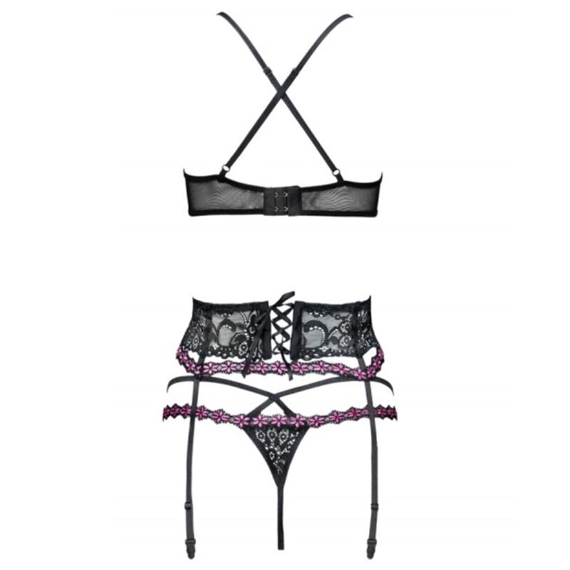 Vue de dos a plat du soutien-gorge a bretelles croisees et du porte-jarretelles laçe Snehana, brides roses entrecroisees et crochets metalliques apparents.