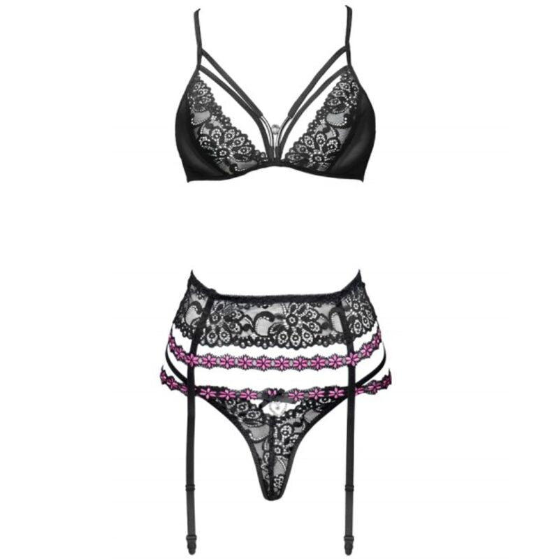 Soutien-gorge dentelle a brides croisees au dos et porte-jarretelles laçe presentes a plat, details roses contrastes et finition florale Livco Corsetti.