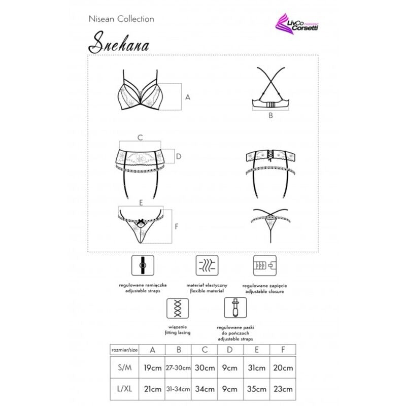 Planche technique Snehana Livco Corsetti au trait, vues avant et arriere du soutien-gorge et porte-jarretelles avec tableau de mesures S/M et L/XL.