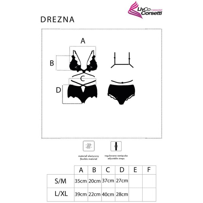 Planche technique Drezna Livco Corsetti : croquis cotes du soutien-gorge et de la culotte accompagnes du tableau des tailles S/M et L/XL.