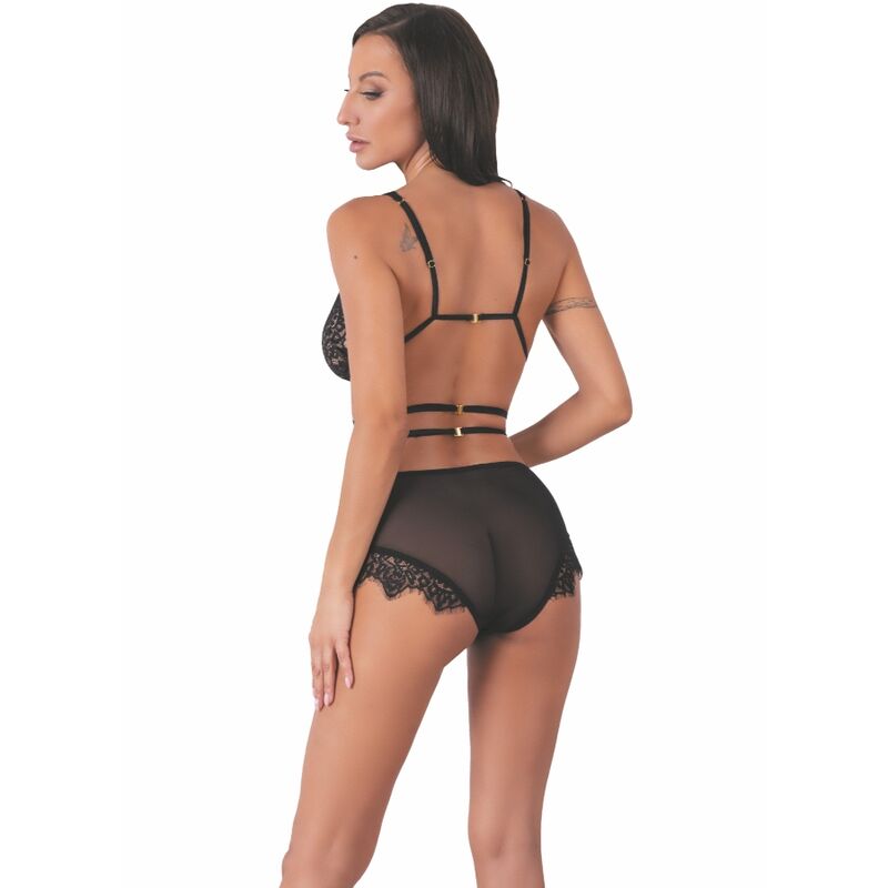 Body Hawain noir vu de dos sur mannequin, brides horizontales sur dos nu et culotte en dentelle ajouree transparente, lingerie Livco Corsetti.