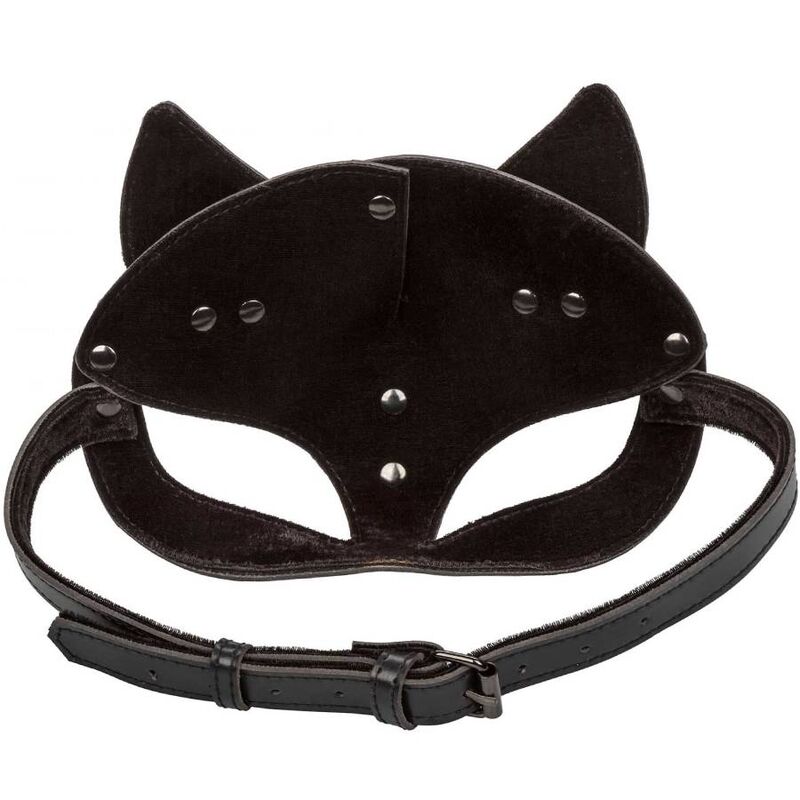 Masque de chat Euphoria vu de l'arriere, oreilles felines noires et sangle reglable a boucle, interieur velours, accessoire BDSM de jeu de role pour couple.