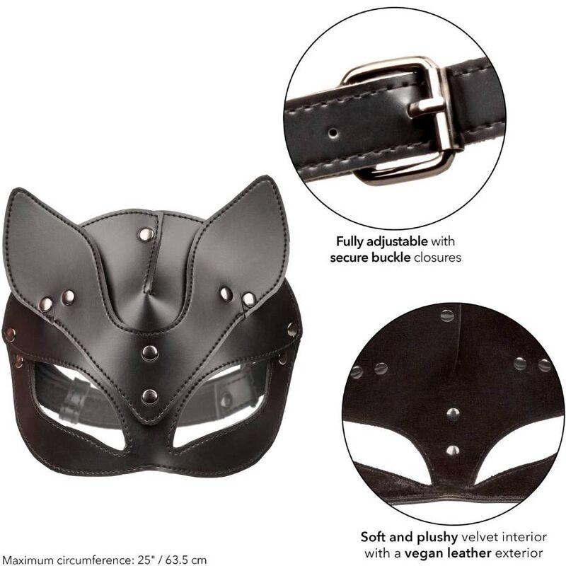 Masque de chat Euphoria avec encarts detaillant la boucle reglable et l'interieur velours vegan, circonference 63,5 cm, accessoire BDSM de jeu de role felin.