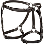 Harnais de cuisse multi-chaines Euphoria a plat, sangles cuir vegan noires et chaines metal en cascade, accessoire fetichiste reglable taille et cuisses.