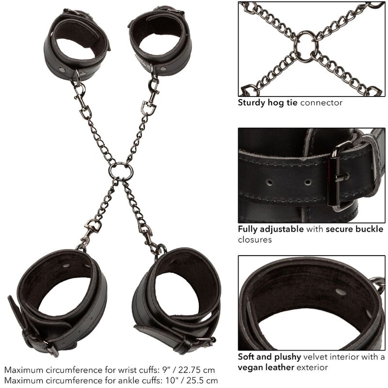 Kit hog tie Euphoria a plat avec cotes 22,75 et 25,5 cm et encarts du connecteur et des boucles, systeme de contention BDSM cuir vegan reglable pour couple.
