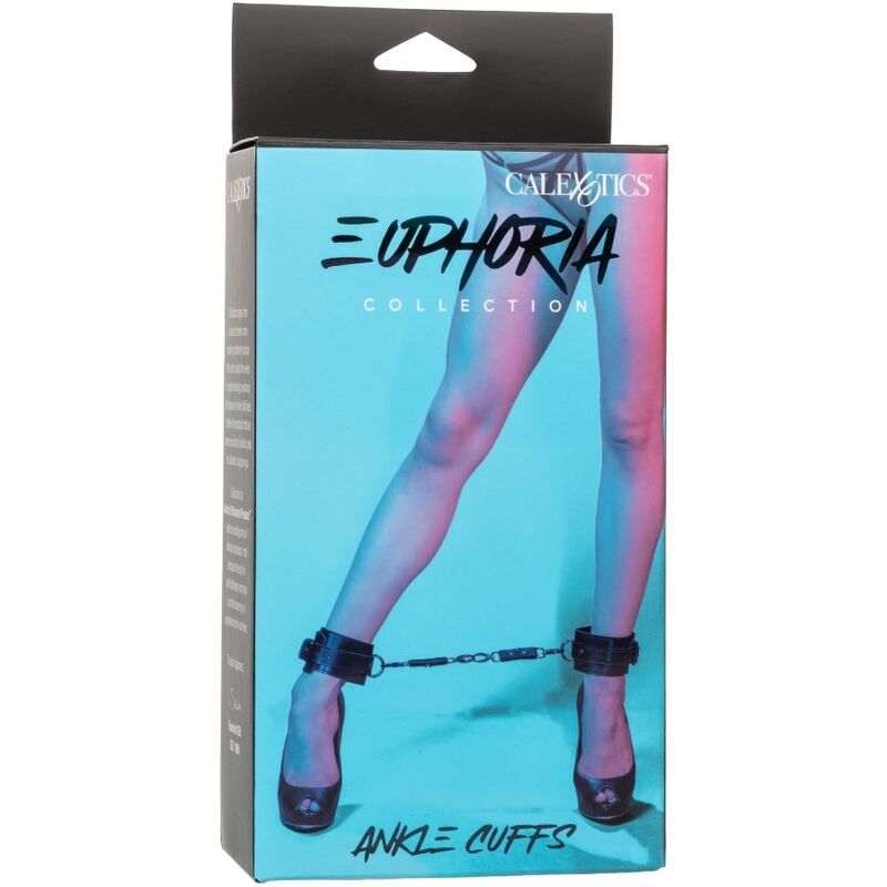 Emballage des manchettes de cheville Euphoria CalExotics vu de face, mention Ankle Cuffs et photo de jambes en escarpins.