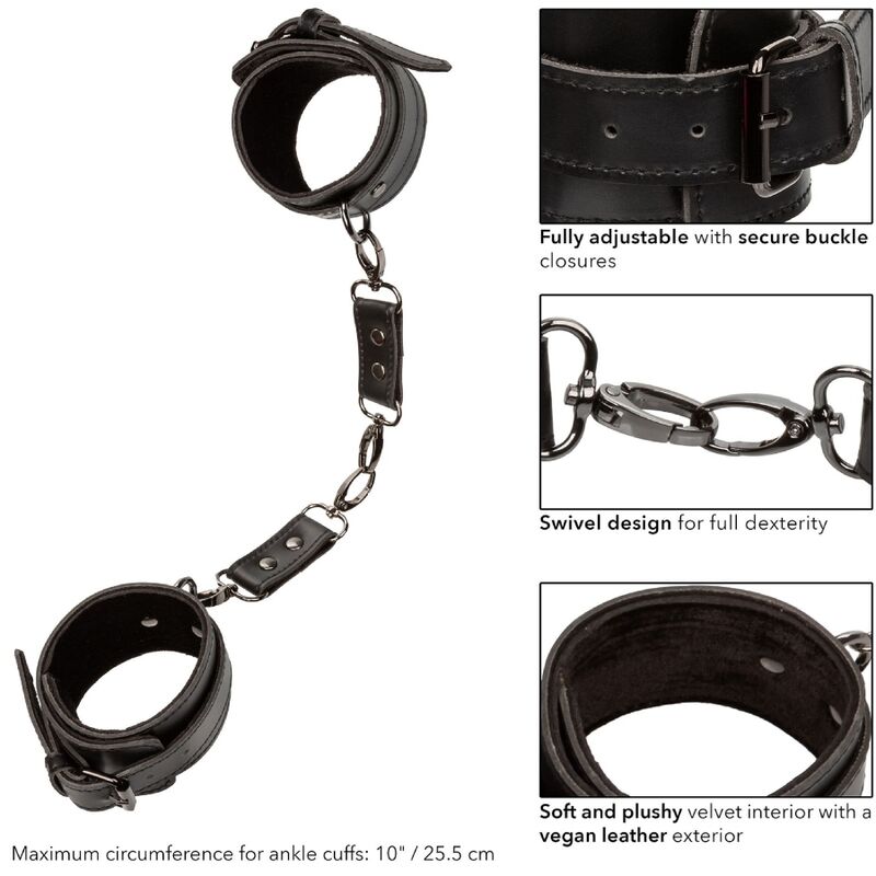 Manchettes de cheville Euphoria annotées : boucles sécurisées ajustables, mousquetons pivotants pour la chaîne, intérieur velours doux et extérieur cuir végétalien, circonférence maximale 25,5 cm.