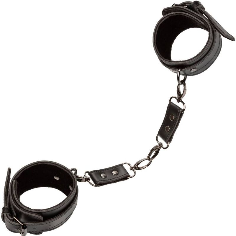 Manchettes de cheville Euphoria noires reliées par une chaîne à mousquetons pivotants, sangles ouvertes à plat sur fond blanc.