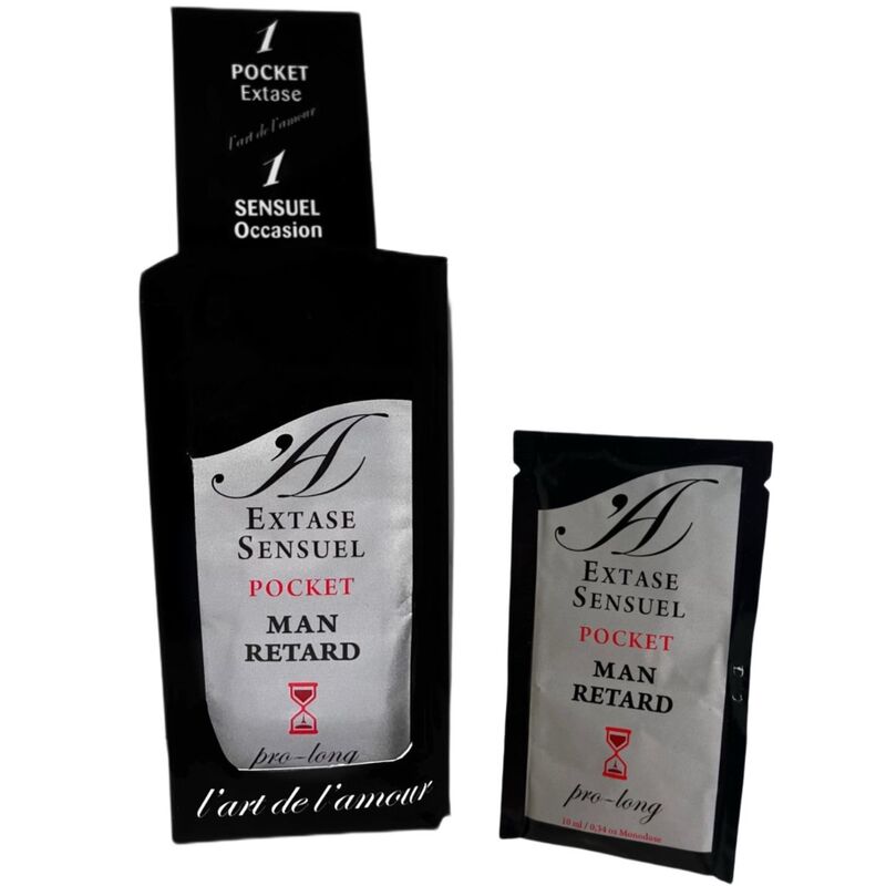 Gel retardant masculin Extase Sensual Pocket Man Retard : sachet noir L'art de l'amour et dosette individuelle de 10 ml, format decouverte discret pour prolonger l'intimite.