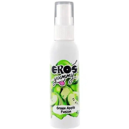 Spray corporel Eros Yummy Green Apple Fusion pomme verte 50 ml, flacon blanc a pulverisateur, formule non collante testee dermatologiquement compatible peau et jouets.