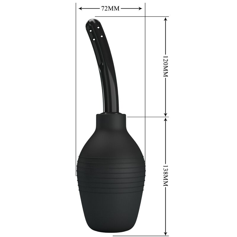 Schema cote de la poire de lavement Mr Play noire : canule de 120 mm et ampoule de 138 mm pour 72 mm de large, accessoire d'hygiene intime grande capacite avant le jeu anal.