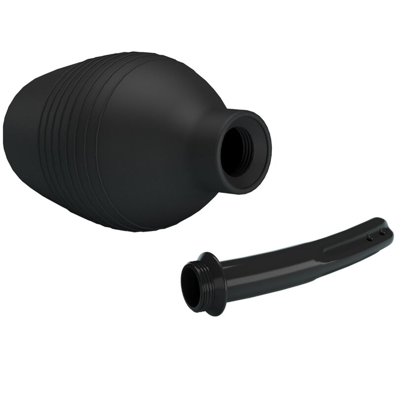 Poire de lavement Mr Play en silicone noir avec canule souple detachee, ouverture de remplissage de l'ampoule visible, accessoire d'hygiene intime facile a nettoyer.