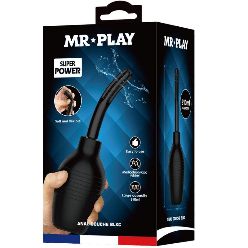 Boite Mr Play Super Power de la douche anale noire, packaging illustrant la poire souple 210 ml et ses pictogrammes easy to use medium non-toxic rubber large capacity.