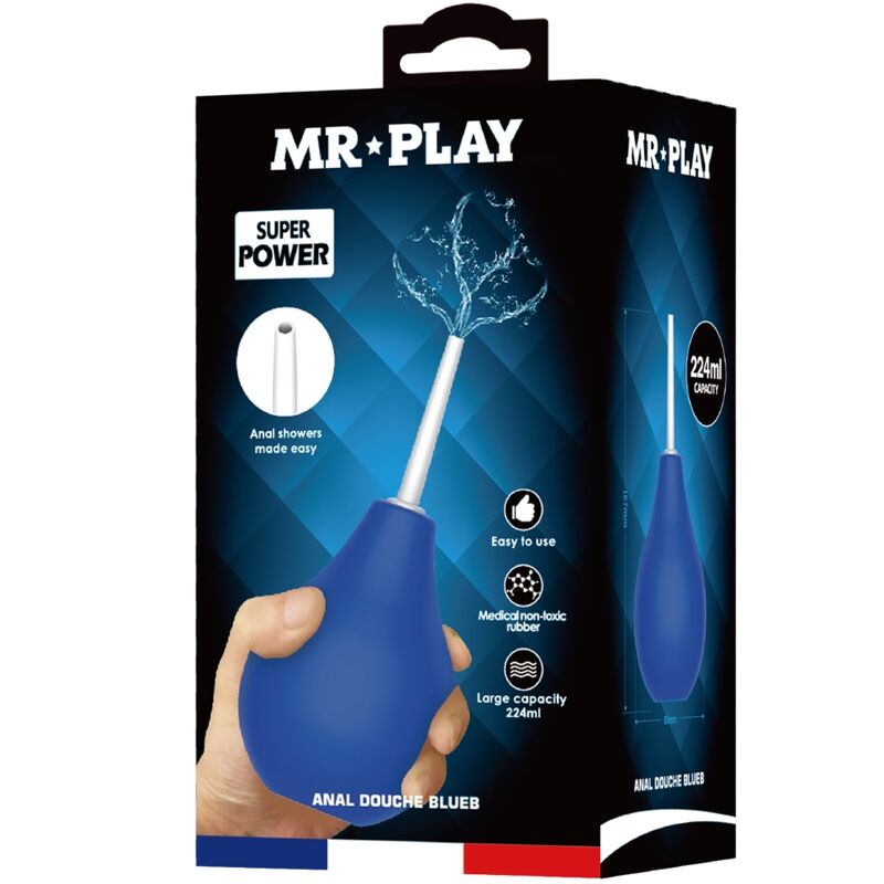 Boite Mr Play Super Power de la douche anale bleue, packaging illustrant la poire souple 224 ml en main et ses pictogrammes easy to use medium non-toxic rubber.