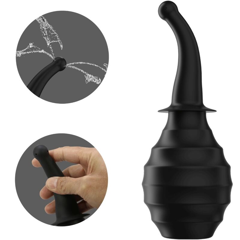 Douche anale Mr Play noire avec encarts montrant le jet multi-directions de la buse et la pression de l'ampoule en main, accessoire d'hygiene intime a tete incurvee.