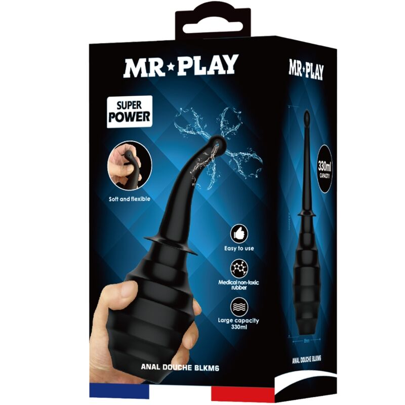 Boite Mr Play Super Power de la douche anale noire, packaging illustrant la poire souple 330 ml a buse incurvee et ses pictogrammes easy to use large capacity.