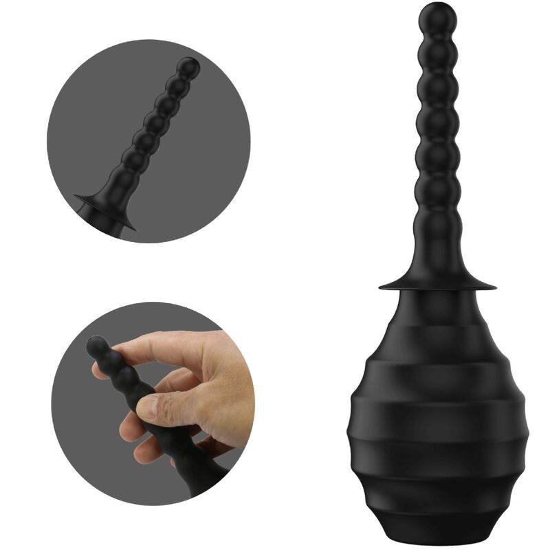 Douche anale Mr Play en caoutchouc noir presentee avec vignettes d'usage, ampoule striee et longue canule perlee souple pensee pour une hygiene intime simple et efficace