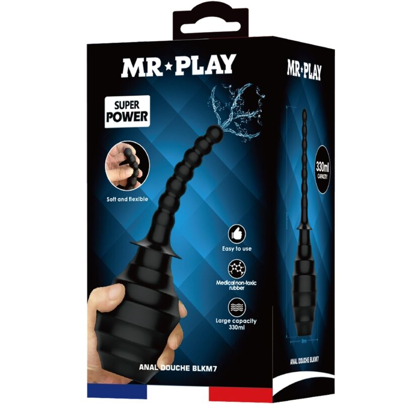 Boite Mr Play Super Power de la douche anale, packaging bleu illustrant la canule perlee flexible et l'ampoule grande capacite pour un nettoyage avant les jeux intimes