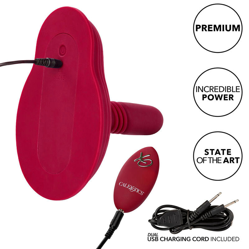 Dos du Rider Massager avec câble de charge USB double à deux fiches branché, télécommande XO posée à côté, badges Premium, Incredible Power et State of the Art.
