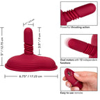 Schéma des dimensions du Rider Massager : base 17,25 x 12,75 cm de large, tige de 9 cm de haut et 2,5 cm de diamètre, avec encarts poussée motorisée, double moteur et télécommande en main.