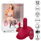 Emballage du Rider Massager Dual CalExotics, packaging bordeaux avec mannequin en lingerie blanche, produit et télécommande ovale posés devant, mentions 12 fonctions et double moteur.