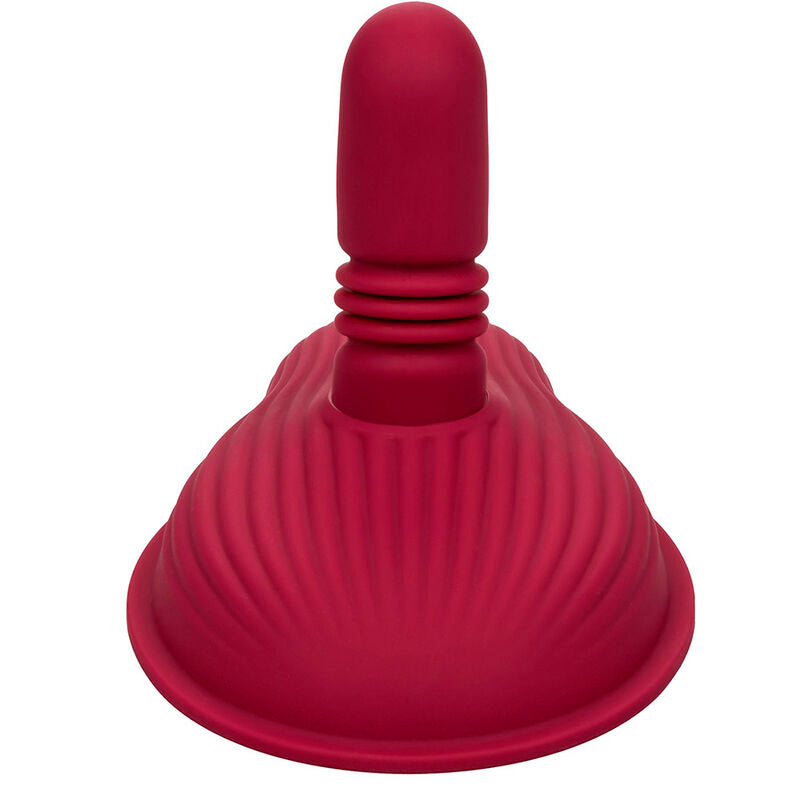 Rider Massager rouge foncé vu de dessus à plat, base ovale striée avec deux boutons à icône vague et tige centrale visible en coupe.