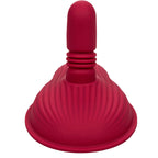 Rider Massager rouge foncé vu de dessus à plat, base ovale striée avec deux boutons à icône vague et tige centrale visible en coupe.