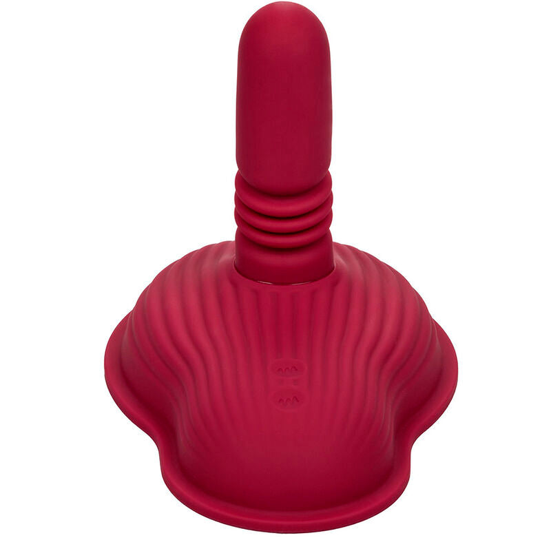 Rider Massager rouge foncé vu de face, tige centrale dressée au sommet d'une base arrondie et striée.