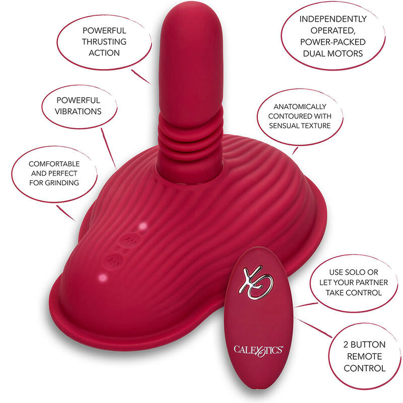 Rider Massager annoté : poussée motorisée puissante, vibrations puissantes, confort de grinding, texture sensuelle anatomique, double moteur indépendant, usage solo ou en couple, télécommande à 2 boutons.