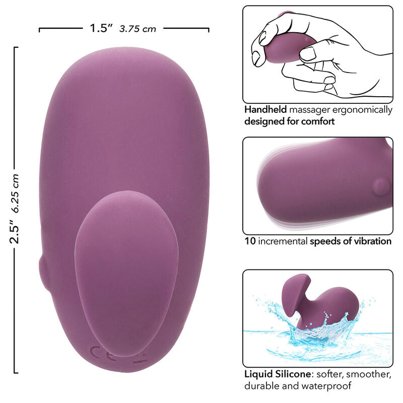 Schéma des dimensions du Mod Touch : 3,75 cm de large et 6,25 cm de haut, avec encarts prise en main, 10 vitesses de vibration et étanchéité.